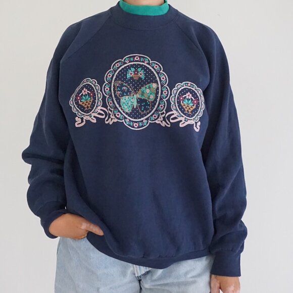 Vintage Fruit Loom Navy Butterfly Graphic Mockneck 90's Sweatshirt XL - Picture 1 of 10